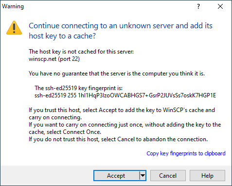 winscp key host message server verifying ssh unknown connect machine connection another probably something looking if eng