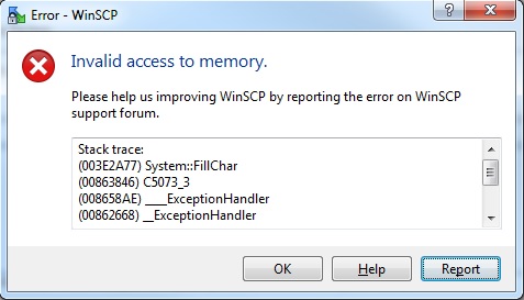 invalid access to memory winscp mac