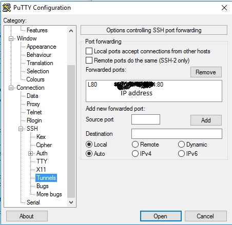 port forwarding ssh tunnel putty local ports accept